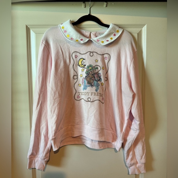 RARE Teddy Fresh Embroidered Cross Stitch Collared Sweatshirt Pink Size XL EUC - Picture 2 of 4